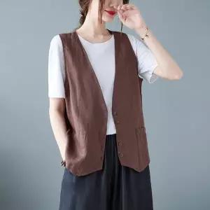 여성용 브이넥 데일리 캐주얼 면 마 민소매 나시 베스트