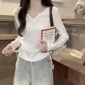 리본 사이드 캐주얼 데일리아이템 티셔츠 긴팔 베이직 [후스가이] 셔링