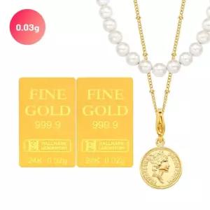 [골드퀸즈] 24K 순금 파인 골드바 세트 (0.03g 골드바 2개 + 엘리자베스 볼 체인 목걸이 + 8mm 진주비드 목