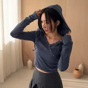 [옷자락]여성 골지 셔링 후드티 랩 버튼 슬림핏 반지 후디