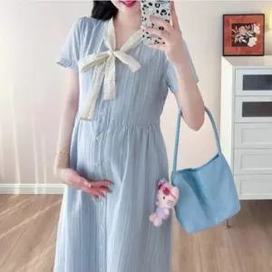 여성 여름 하객룩 임부복 롱원피스 반팔 원피스