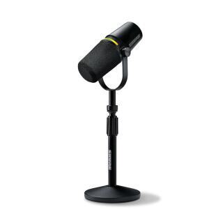 스탠드가 있는 슈어 MV7+ 팟캐스트 다이내믹 마이크. OBS 인증, 향상된 오디오, LED 터치 패널, USB-C 및 XLR 출력, 자동 레벨 모드, 디지털 팝 필터, 팟캐스트, 스트리밍, 녹음 - 블랙