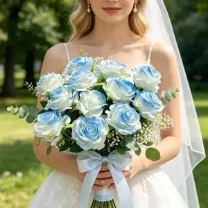 10Pcs 인공 꽃 블루 로즈 축제 실크 신부 꽃다발 웨딩 화환 홈 룸 야외 장식 DIY 핸드 헬드 선물