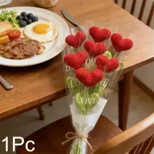 수제 뜨개질 꽃 빨간 하트 모양 식물 크로셰 꽃다발 크리스마스 발렌타인데이 어머니의 날 선물