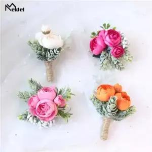 멜델 로즈 버드 손목 코사지 핸드 플라워 맨 Boutonniere 인공 차 실크 팔찌 신부 들러리 웨딩 댄스 파티