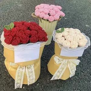 수제 니트 장미 크로셰 꽃 웨딩 파티 장식 휴일 선물 인공 부케