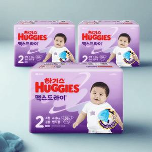 하기스 강력흡수 기저귀 맥스드라이 밴드형 2단계 소형 남녀공용 58매 3개