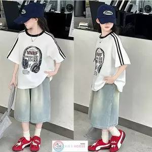 키즈목마 여아 초등생 상의 주니어 하의 세트 헤드셋 프린팅 여름 상하복 초중생 반팔티 데님 반바지 상하세트 940