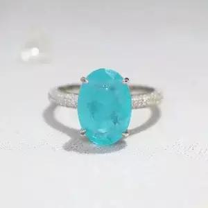 여성을위한 925 스털링 실버 타원형 손가락 반지 우아한 Paraiba 전기석 클래식 약혼 웨딩 성명 쥬얼리