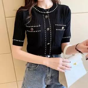 여성 반소매 라운드넥 니트 가디건 버튼 데일리 봄가을 ATX83