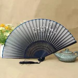 [하프클럽/셀럽하우스]PL 내츄럴 부채 매화꽃 접이식 대나무 부채(블루) No9