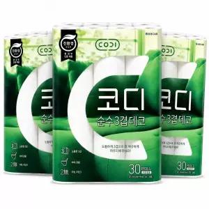 코디 순수 도톰 3겹데코 30M 30롤 x3팩 무향무잉크