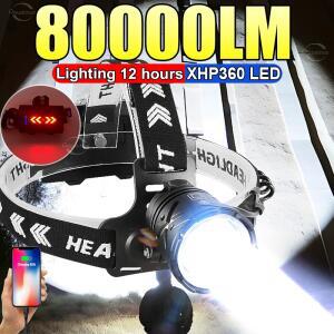 80000LM 초강력 전조등 USB 충전 헤드라이트 손전등 대형 조리개 XHP360 LED 헤드 랜턴 램프 캠핑 낚시 랜