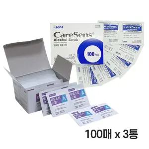 (튼튼)케어센스 이도스킨스왑 알콜솜 100매 3통 소독 알콜 소독용 개별포장 일회용 간편