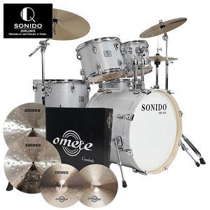 풀세트구성 SONIDO 하이스타 5기통 드럼세트 사틴화이트+오메테 Shiner 심벌팩