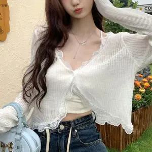 SOSISI 여성 긴팔 가디건 레이스넥 자회선 차단 여름 가디건 H46136