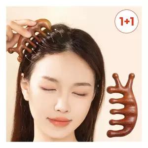 모니즈 [1 + 1] 혈자리림프절 순환 마사지 우드괄사 지압 머리빗 겸용 총2개입