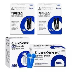 [셀러허브]케어센스2 혈당시험지 100매+알콜스왑100개+채혈침100개 측정 검사지 측정지 D (S34699389)