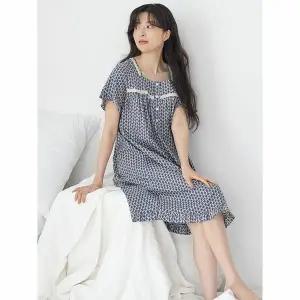 [하프클럽/메이플라워]엔틱블루 스퀘어넥 여성 반팔 순면 잠옷 원피스