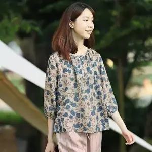 [HYISXSNL_67]꽃무늬 넥셔링 티셔츠 반팔 블라우스 7부 (51611790)