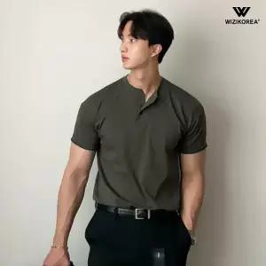 [위즈아이]남성 헨리넥 반팔티 슬림핏 여름 버튼넥 무지 머슬핏 라운드 티셔츠 WI083T