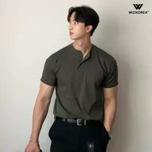 [위즈아이]남성 헨리넥 반팔티 슬림핏 여름 버튼넥 무지 머슬핏 라운드 티셔츠 WI083T