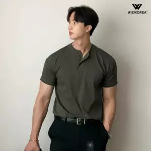 남성 헨리넥 반팔티 슬림핏 여름 버튼넥 무지 머슬핏 라운드 티셔츠 WI083T