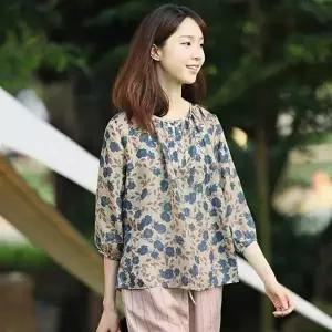 [제이큐]여성 여름 린넨 감색 꽃무늬 넥셔링 7부 티셔츠 반팔 블라우스 기본