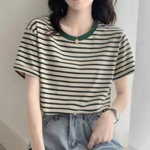여성 캐주얼 스트라이프 반팔 티셔츠 루즈핏 라운드넥 299425