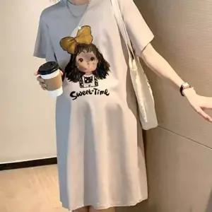 편안한 임부 미디 원피스 반팔 라운드넥 빅사이즈