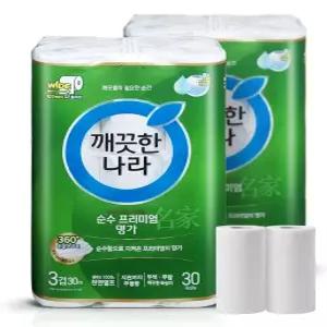 깨끗한나라 순수 프리미엄 명가화장지(지폭 107mm) 3겹 30m 30롤 2팩+키친타월 2롤
