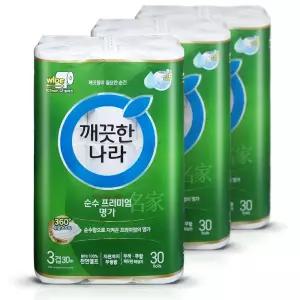 깨끗한나라 순수 프리미엄 명가화장지(지폭 107mm) 3겹 30m 30롤 3팩