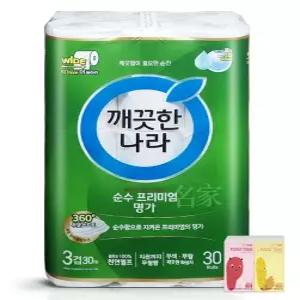 깨끗한나라 순수 프리미엄 명가화장지(지폭 107mm) 3겹 30m 30롤+포켓티슈 10매 3개