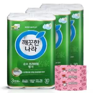 깨끗한나라 순수 프리미엄 명가화장지(지폭 107mm) 3겹 30m 30롤 3팩+휴대용 미니물티슈 8매 3개