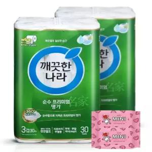 깨끗한나라 순수 프리미엄 명가화장지(지폭 107mm) 3겹 30m 30롤 2팩+휴대용 미니물티슈 8매 2개