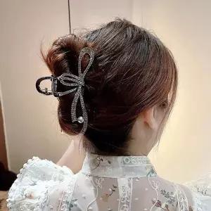 여성 올림머리 리본 큐빅 머리 헤어 집게 핀 블랙