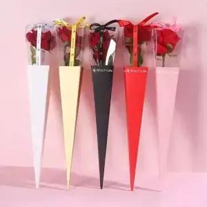 10Pcs 투명 창 꽃다발 상자 단일 장미 포장지 발렌타인 데이 꽃 아트 선물 종이 가방 케이스