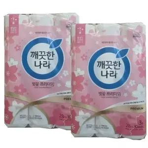 깨끗한나라 벚꽃 프리미엄 3겹 28M 30롤 2팩 60롤