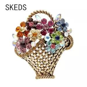 SKEDS 라인 석 꽃 바구니 브로치 여성을위한 빈티지 다채로운 우아한 크리스탈 패션 쥬얼리 코트 액세서리
