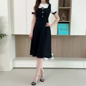 네디아 여성 배색 레이어드 미디 원피스 프릴넥 리본 A라인 하객룩 원피스 빅사이즈 까지