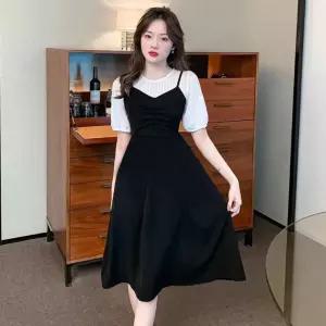 네디아 여성 뷔스티에 레이어드 스타일 반팔 원피스 셔링 배색 A라인 미디원피스 빅사이즈까지