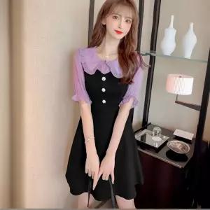 네디아 라벤더 프릴 빅카라 플레어 배색 반팔 미디 원피스 스몰부터 빅사이즈까지
