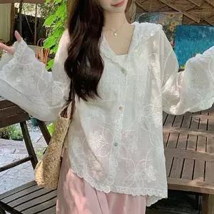 (옵션 화이트 FREE)여름 여성 여성 플라워 자수 시스루 니트 가디건 크롭 시스루 얇은 긴팔 외출룩
