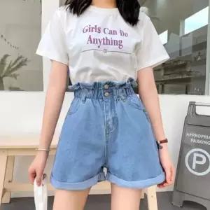 하이웨스트 더블 버튼 밴딩 롤업 데님 반바지 3컬러