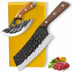 Wruhamd 2PCS 고기 절단 칼 7.5인치 면도기 샤프 고탄소 강철 내구성 가죽 칼집이 있는 바이킹 풀 탱 핸들
