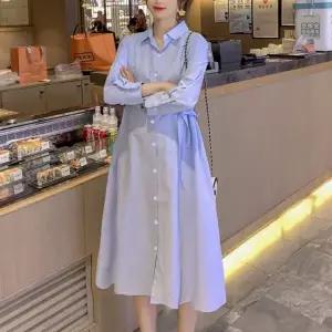 여성 빅사이즈 임부복 임산부 롱 셔츠 카라 긴팔 원피스 린넨원피스