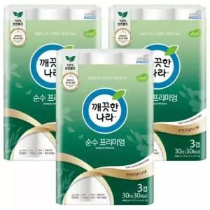 깨끗한나라 순수 프리미엄 화장지 30롤 3겹 30m 3팩