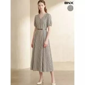 [하프클럽/BNX]브이넥 스트라이프 반팔 벨트 원피스