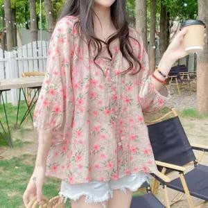 블라우스 셔츠 브라우스 남방 여성 퍼프 소매 꽃무늬 플라워 여름