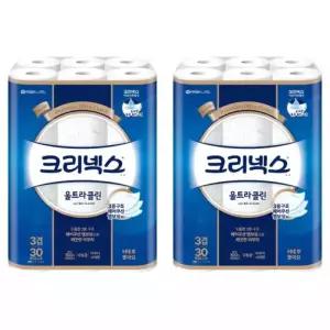 크리넥스 울트라클린 생필품 위생용품 천연펄프 3겹 고급롤화장지 27m 30개입 2개